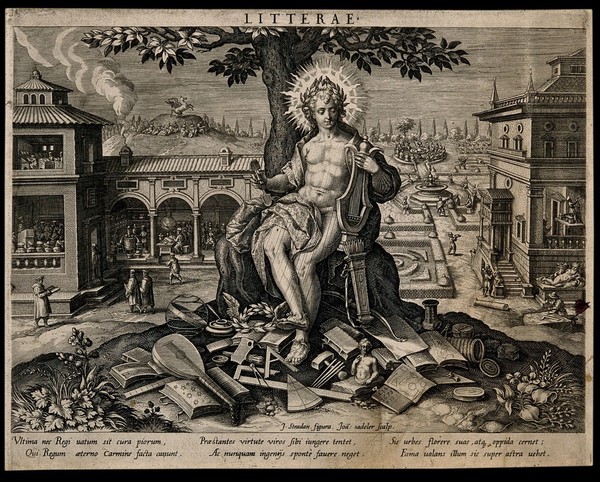 Apollo, god of literature, plays his harp; a town goes about its rituals. Engraving by J. Sadeler after J. van der Straet, 1594.