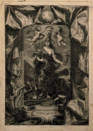 view Marie de Medici dressed in warlike form as Minerva, goddess of arts. Engraving by J.B. Massé, 1708, after J.M. Nattier after P.P. Rubens.