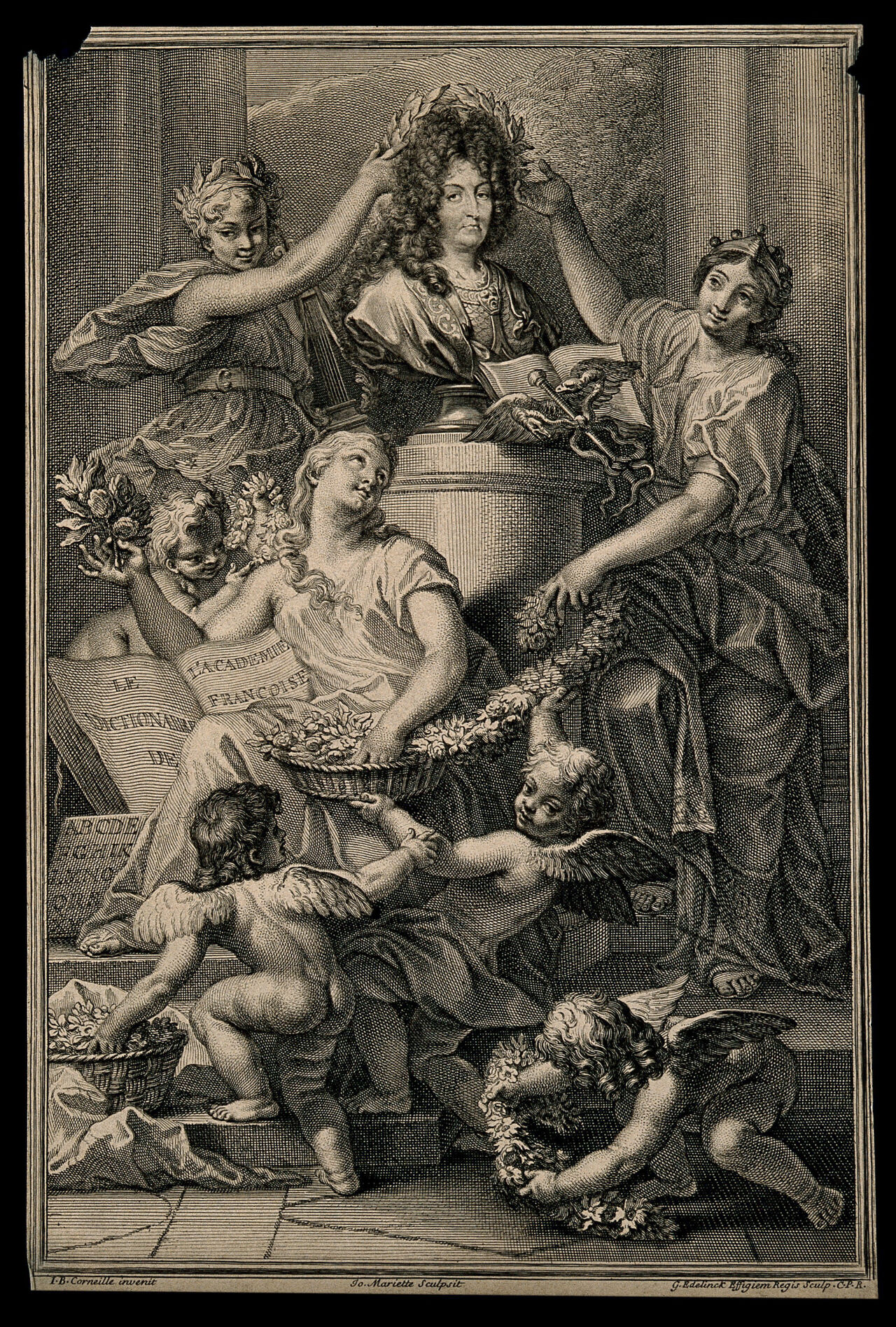 King Louis XIV is crowned with a garland while the 'Dictionaire de l'academie françoise' is celebrated with flowers by three women aided by genii. Engraving by J. Mariette and G. Edelinck, 1694, after J.B. Corneille., 1694, by Jean-Baptiste Corneille