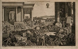 view Different attributes and displays of the arts and sciences in a classical courtyard. Engraving by Grignion after Le Clerc.