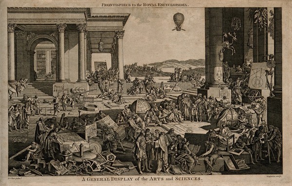 Different attributes and displays of the arts and sciences in a classical courtyard. Engraving by Grignion after Le Clerc.