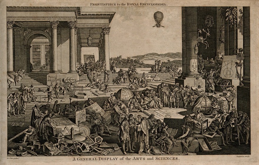 Different attributes and displays of the arts and sciences in a classical courtyard. Engraving by Grignion after Le Clerc.
