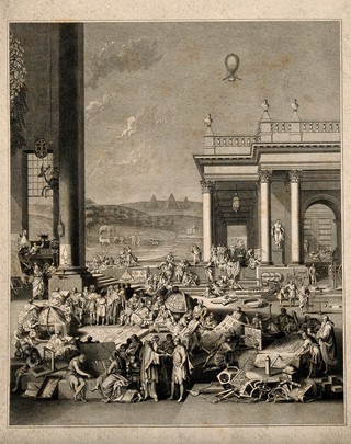 A classical courtyard filled with natural philosophers, scientists and artists. Engraving after S. Le Clerc.