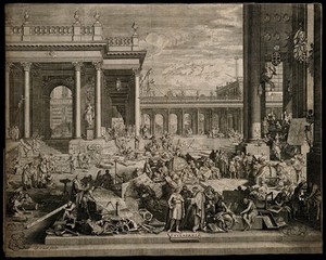 view Demonstrations of the arts and sciences in a classical courtyard. Etching by J. Sturt after S. Le Clerc.