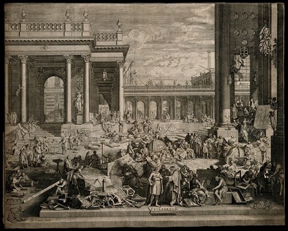 Demonstrations of the arts and sciences in a classical courtyard. Etching by J. Sturt after S. Le Clerc.
