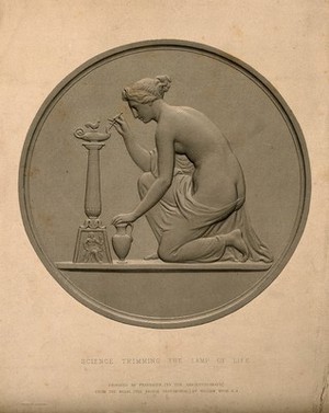 view A female figure representing science trimming the lamp of life. Engraving by A. R. Freebairn, 1849, after W. Wyon.