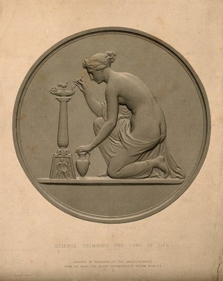 A female figure representing science trimming the lamp of life. Engraving by A. R. Freebairn, 1849, after W. Wyon.