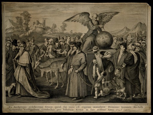 A procession of historical figures with a divine figure drawing a compass over a globe. Engraving by S. Pomarede, 1748, after G. Buti.