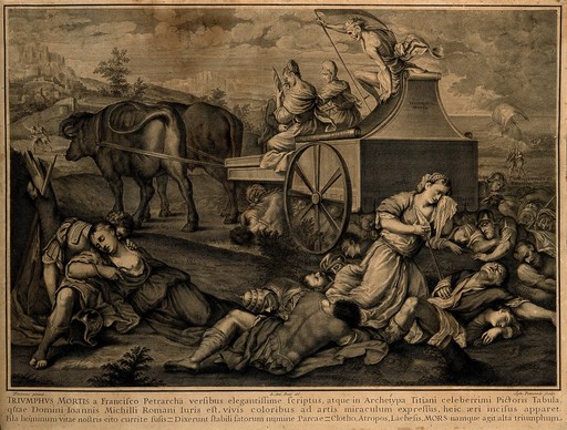 Death and three fates on an ox-driven carriage; historical figures die on the ground beneath; representing the triumph of death. Engraving by S. Pomarede, 1748, after G. Buti.