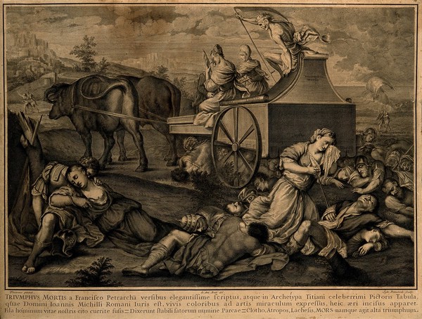 Death and three fates on an ox-drawn carriage; historical figures die on the ground beneath; representing the triumph of death. Engraving by S. Pomarede, 1748, after G. Buti after  Bonifacio de' Pitati.