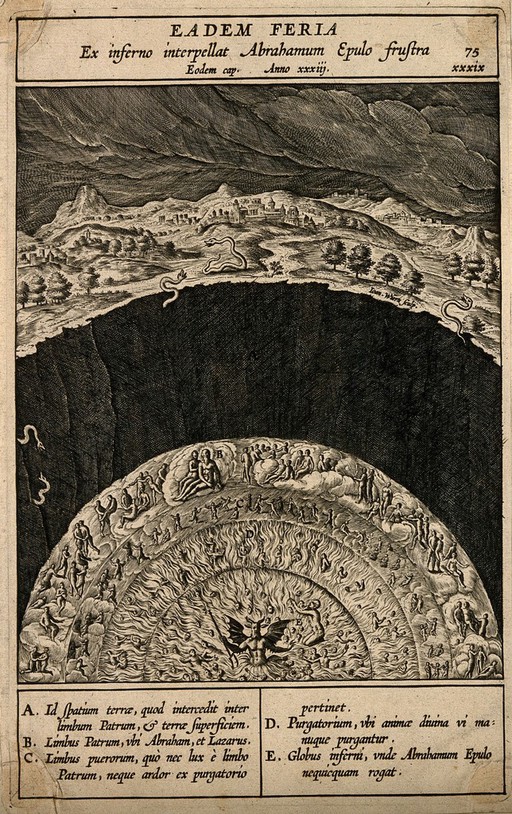 The circles of hell and limbo (containing Abraham and Lazarus) beneath the earth; snakes appear at the surface of the earth. Engraving by J. Wierix, c. 1590..