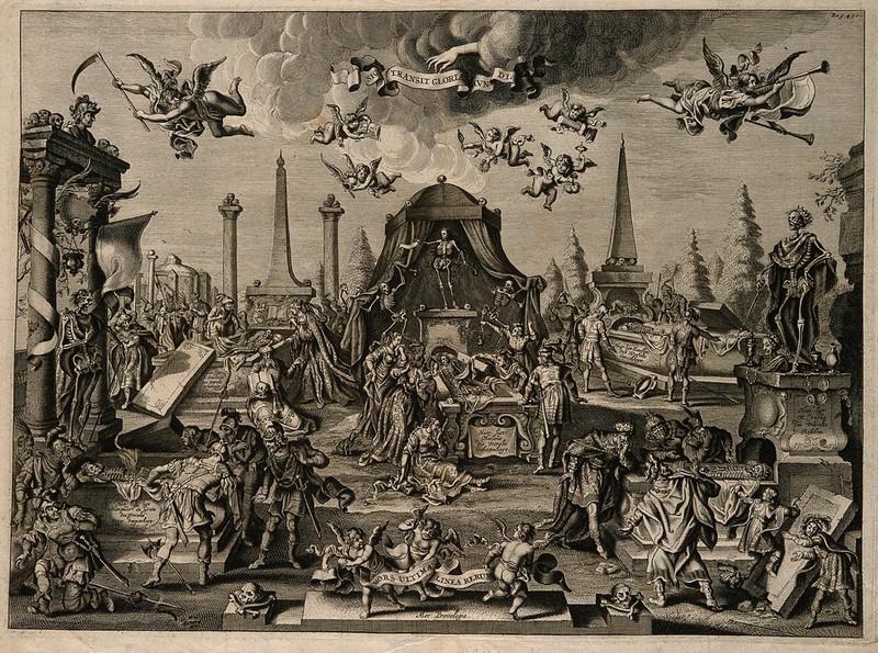 Five tombs containing skeletons of historical exemplars of wisdom, war, beauty, strength and riches; an allegory of change, decay and death. Engraving after A.P. van de Venne, ca. 1655., 1655, by Adriaen van de Venne