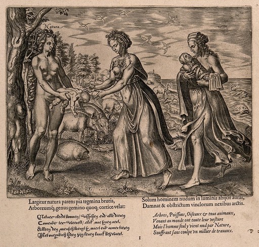 A woman representing Nature gives a baby to a mother; representing man's vulnerable and naked birth. Engraving by P. Galle, 1563.
