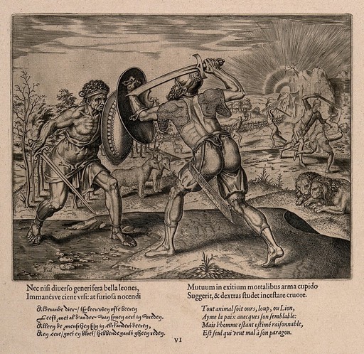 Two men fighting while animals sit in pairs placidly watching; an allegory of man's ability to fight his own kind. Engraving by P. Galle, 1563?