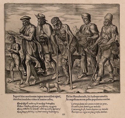 A procession of the blind and physically disabled; allegory about sticks: how children are afraid of the rod but disadvantaged adults come to rely on it. Engraving by P. Galle, 1563?
