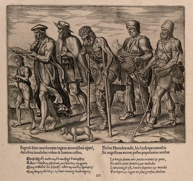 A procession of blind and physically disabled people; allegory about sticks: how children are afraid of the rod but disadvantaged adults come to rely on it. Engraving by P. Galle, 1563?