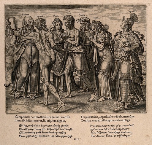 A man prays to Conscience, represented by a naked man; figures of vice and sadness stand around them; an allegory of the relation of conscience to ill-fortune and vice. Engraving by P. Galle, c. 1563.
