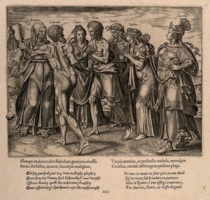 view A man harrassed by personifications of greed, guilt, credulity, jealousy, sadness and pride. Engraving by P. Galle, ca 1563.