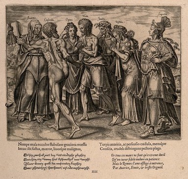 A man harrassed by personifications of greed, guilt, credulity, jealousy, sadness and pride. Engraving by P. Galle, ca 1563.