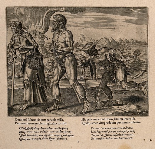 A woman with a crutch, a man in chains and a man falling on a sword; allegory of suffering and the different forms of death. Engraving by P. Galle, c. 1563?