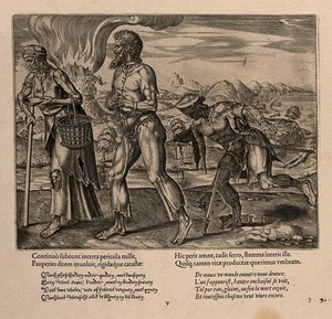 view A woman with a crutch, a man in chains and a man falling on a sword; allegory of suffering and the different forms of death. Engraving by P. Galle, c. 1563?.