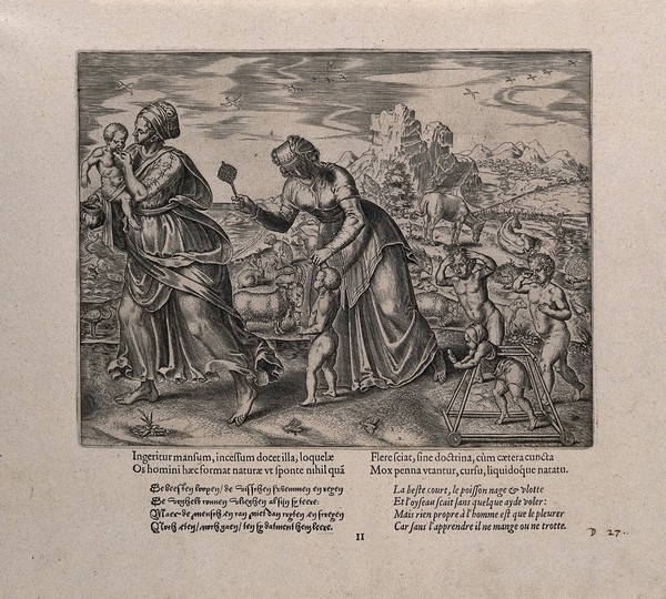 Two mothers with crying babies and one in a walking frame; comparing the human infant's helplessness with the self-sufficiency of newborn animals. Engraving by P. Galle, c. 1563.