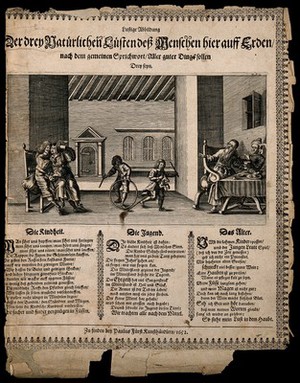 view The three ages of man: a couple embrace, children play with hoops and toys, and an old couple eat at a table. Engraving by P. Fürst, 1652.