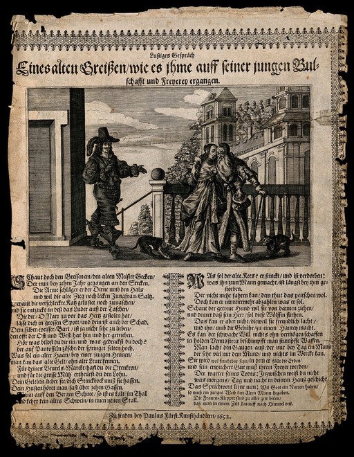 A man watches as a woman steals money from an old man who is embracing her. Engraving by P. Fürst, 1652.