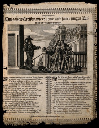 A man watches as a woman steals money from an old man who is embracing her. Engraving by P. Fürst, 1652.