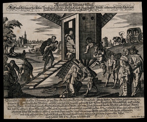 Husbands bringing their ugly wives to a windmill, to be transformed into beautiful ones. Engraving by P. Fürst, c. 1650.