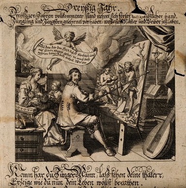 A man sits and paints a picture of the exiled Adam and Eve; his wife suckles a baby; representing the thirtieth year of life. Engraving by Conrad Meyer, 16--.