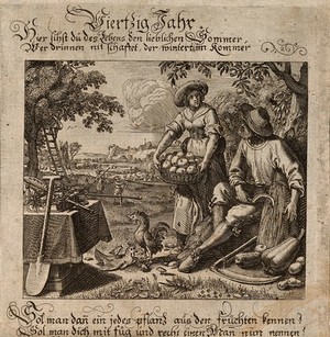 view A couple bringing in the harvest; representing the fortieth year of life. Engraving by Conrad Meyer, 16--.