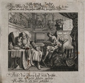 view An old man dozing in a chair; representing the eightieth year of life. Engraving by Conrad Meyer, 16--.