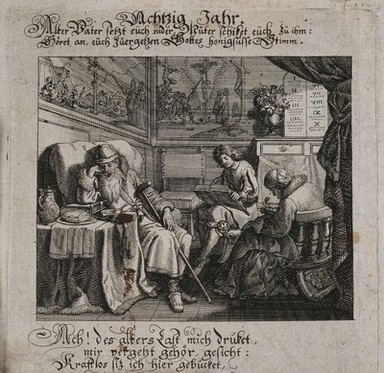 An old man dozing in a chair; representing the eightieth year of life. Engraving by Conrad Meyer, 16--.