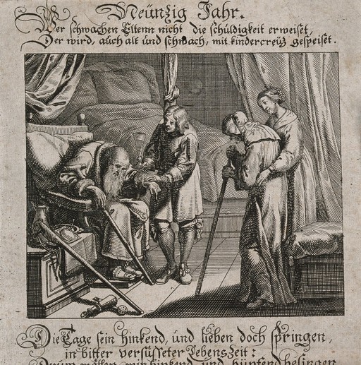 An old couple are assisted in walking; representing the ninetieth year of life. Engraving.