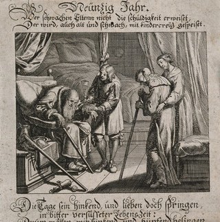 An old couple are assisted in walking; representing the ninetieth year of life. Engraving by Conrad Meyer, 16---.