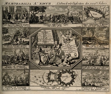 Memorial of German military events from the year 1702. Engraving, c. 1722.