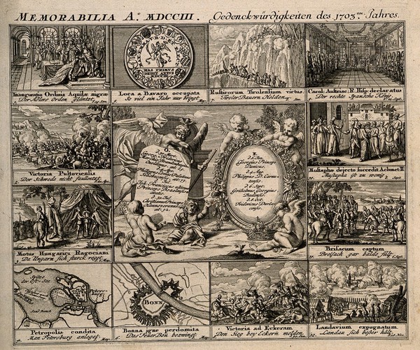 Memorial of religious and military events concerning Prussia from the year 1703. Engraving, c. 1722.