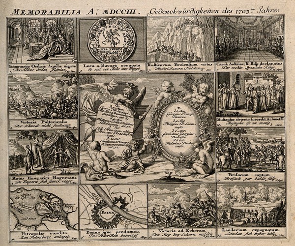 Memorial of religious and military events concerning Prussia from the year 1703. Engraving, c. 1722.
