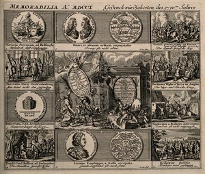 view Memorial of European events from the year 1710. Engraving, c. 1722.