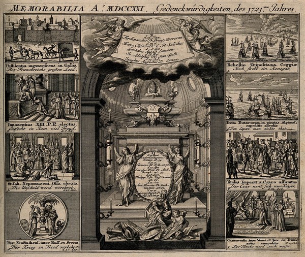 Memorial of European events from the year 1721. Engraving, c. 1722.