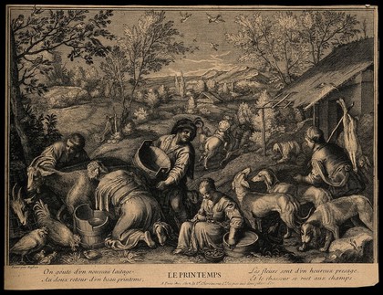 Goats being milked outside a farm and dogs setting off on a hunt; representing spring. Etching, 17--, after F.G. Bassano the younger.