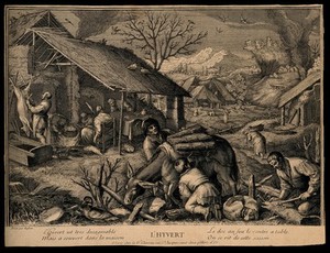 view A donkey carries wood while people shelter and eat near a fire; representing winter. Etching, 17--, after F.G. Bassano the younger.