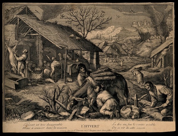 A donkey carries wood while people shelter and eat near a fire; representing winter. Etching, 17--, after F.G. Bassano the younger.