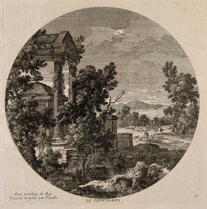 view A ruined landscape with a hunting scene in the background; representing spring. Etching by N. Perelle after himself, 17th century.