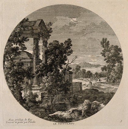 A ruined landscape with a hunting scene in the background; representing spring. Etching by N. Perelle after himself, 17th century.