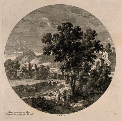 Men stroll amid fields being harvested; representing summer. Etching by N. Perelle after himself, 17th century.