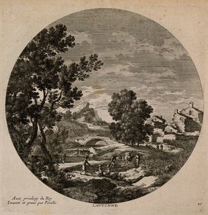 view Men carry baskets while people sit by a river; representing autumn. Etching by N. Perelle after himself, 17th century.