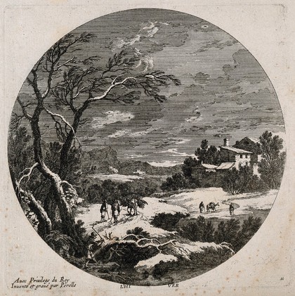 People walking through snow with a donkey carrying wood; representing winter. Etching by N. Perelle after himself, 17th century.