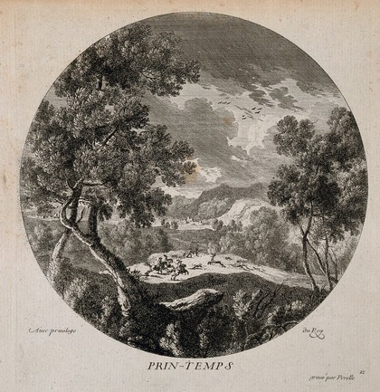 A hunting scene seen from above; representing spring. Etching by N. Perelle, 17th century.